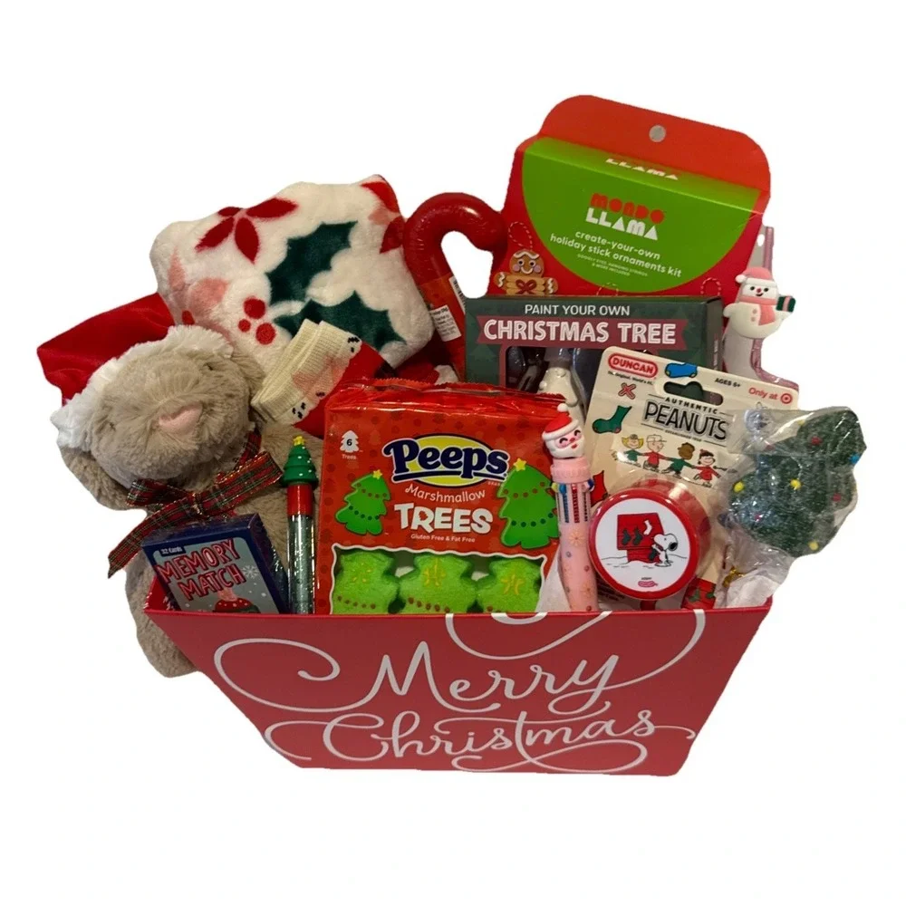 Kids Christmas Gift Basket Teddy Bear Blanket Crafts Candy Toy Holiday Present